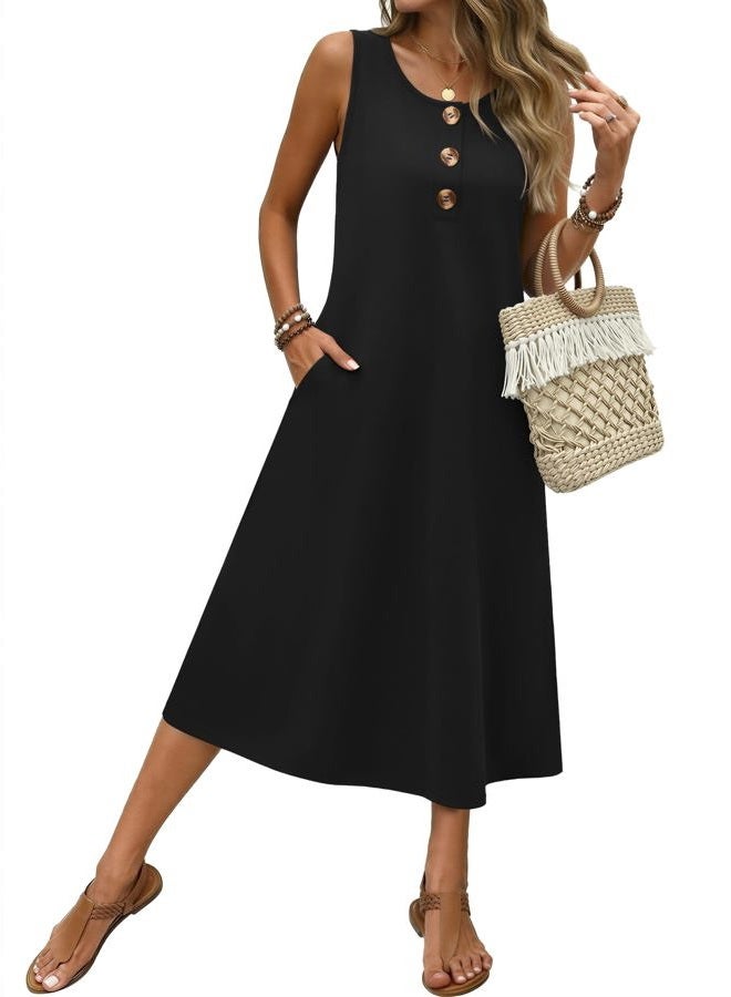 zeagoo Women Summer Midi Dress 2026 Sleeveless Casual Beach Sundress Button Down Loose Spring Tank Dresses with Pockets, Black, XXL - Image 1