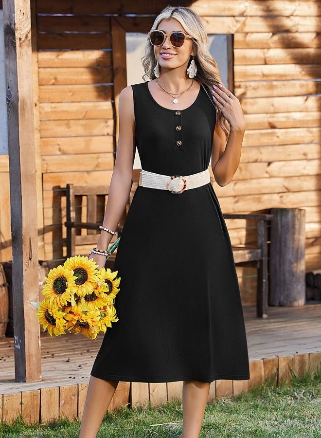 zeagoo Women Summer Midi Dress 2026 Sleeveless Casual Beach Sundress Button Down Loose Spring Tank Dresses with Pockets, Black, XXL - Image 3