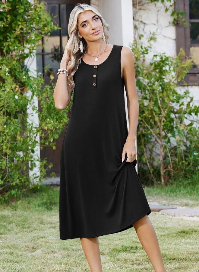 zeagoo Women Summer Midi Dress 2026 Sleeveless Casual Beach Sundress Button Down Loose Spring Tank Dresses with Pockets, Black, XXL - Image 5