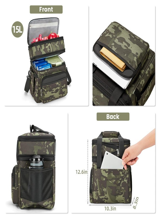 holuxer Insulated Lunch Bag & Lunch Box for Men - Double Deck Reusable Lunch Bag for Women Tote Cooler Bag Leakproof Soft Expandable - Large Lunchbox for Work/Adult/Picnic/Outdoor (Camo，15L) - Image 3