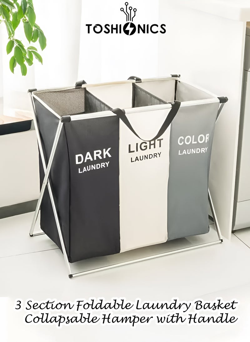 Toshionics Foldable Laundry Basket Sorter with Handle Collapsible 3 Section Bag Laundry Hamper Organizer for Dirty Clothes Toys Towels Durable and Lightweight 3 Bag Laundry Sorter for Home Bedroom Bathroom Laundry Room and Dorms Durable and Lightweight Easy to Install Laundry Sorter  - Image 1