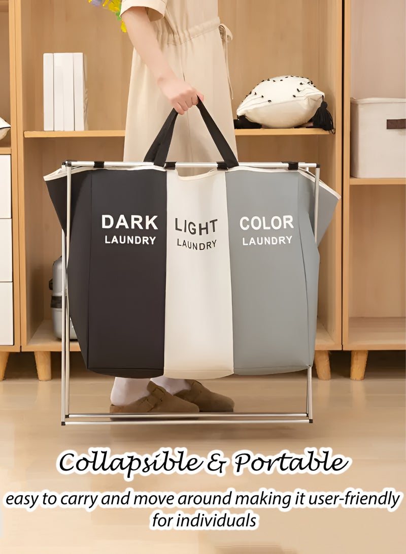 Toshionics Foldable Laundry Basket Sorter with Handle Collapsible 3 Section Bag Laundry Hamper Organizer for Dirty Clothes Toys Towels Durable and Lightweight 3 Bag Laundry Sorter for Home Bedroom Bathroom Laundry Room and Dorms Durable and Lightweight Easy to Install Laundry Sorter  - Image 5