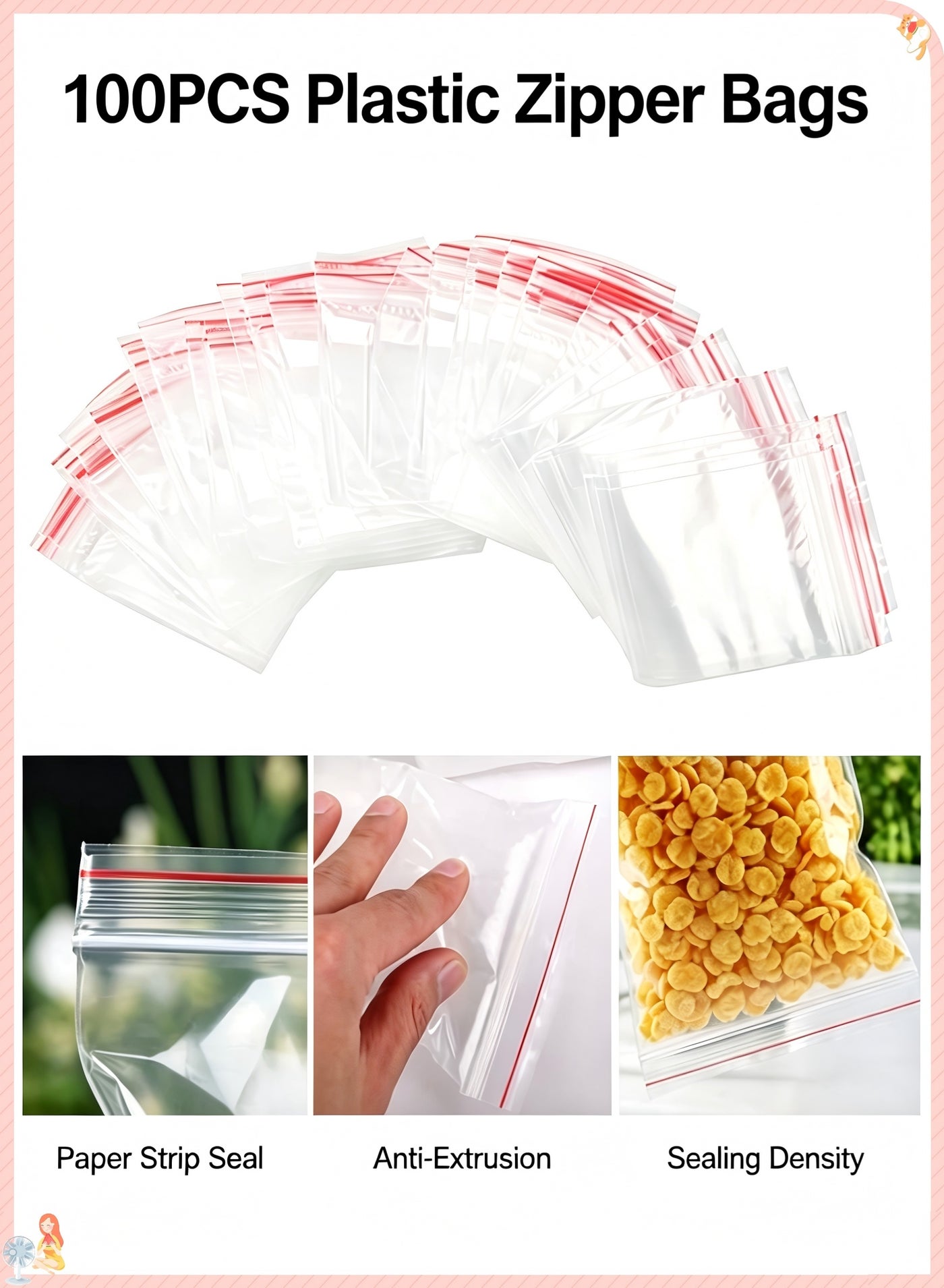 100PCS Clear Plastic Zipper Bags, Reusable Self Sealing Poly Storage Bags, Thick Waterproof Zip Lock Pouches for Food Jewelry Small Item Organizing, Clear Zip Lock Plastic Bags, Thickened Reusable Sel