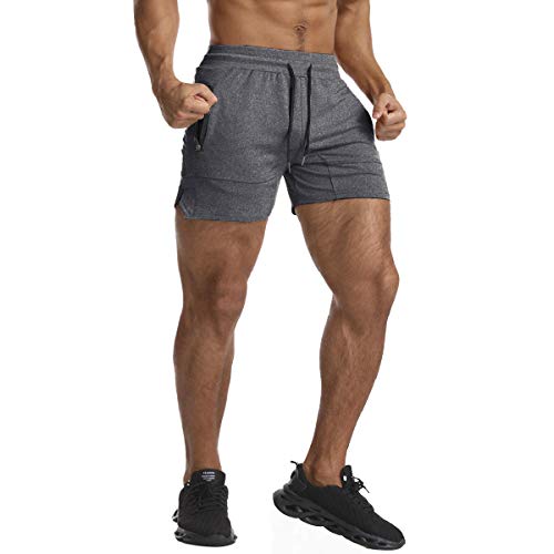 EVERWORTH Men's Solid Gym Workout Shorts Bodybuilding Running Fitted Training Jogging Short Pants with Zipper Pocket Grey XL - Image 2