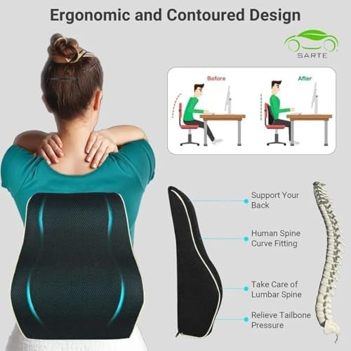 SARTE Back Support for Chair Premium Memory Foam Lumbar Support Cushion for Car and Office Chairs, and Comfort for Long Hours, Backrest Pillow for Posture Correction, Back Pain Relief Black Large - Image 4