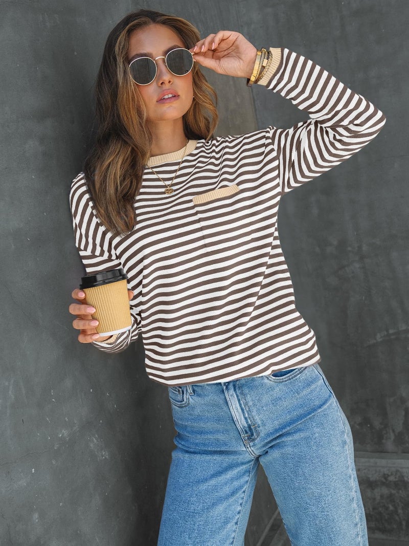 LILLUSORY Womens Sweaters 2025 Early Fall Fashion Must Have Clothes Outfits Striped Lightweight Oversized Ladies Cute Teacher Work Office Pullover Crewneck Long Sleeve Trendy Old Money Tops Clothing - Image 2