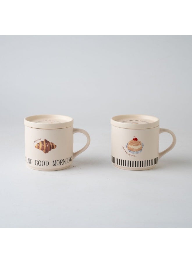 DANUBE HOME طقم أكواب دانوب الأساسية من الخزف العظمي الجديد 4 قطع مع saucers وأغطية - 405 مل، بيج - مثالي لسطح طاولة المطبخ، تصميم أنيق