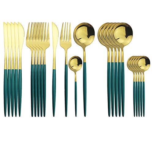 Uniturcky Gold Silverware Set, 24-Piece Stainless Steel Flatware Set Service For 6, Mirror Polished Green Handle Tableware Cutlery Set Knife Fork And Spoon For Home & Restaurant, Dishwasher Safe - Image 1
