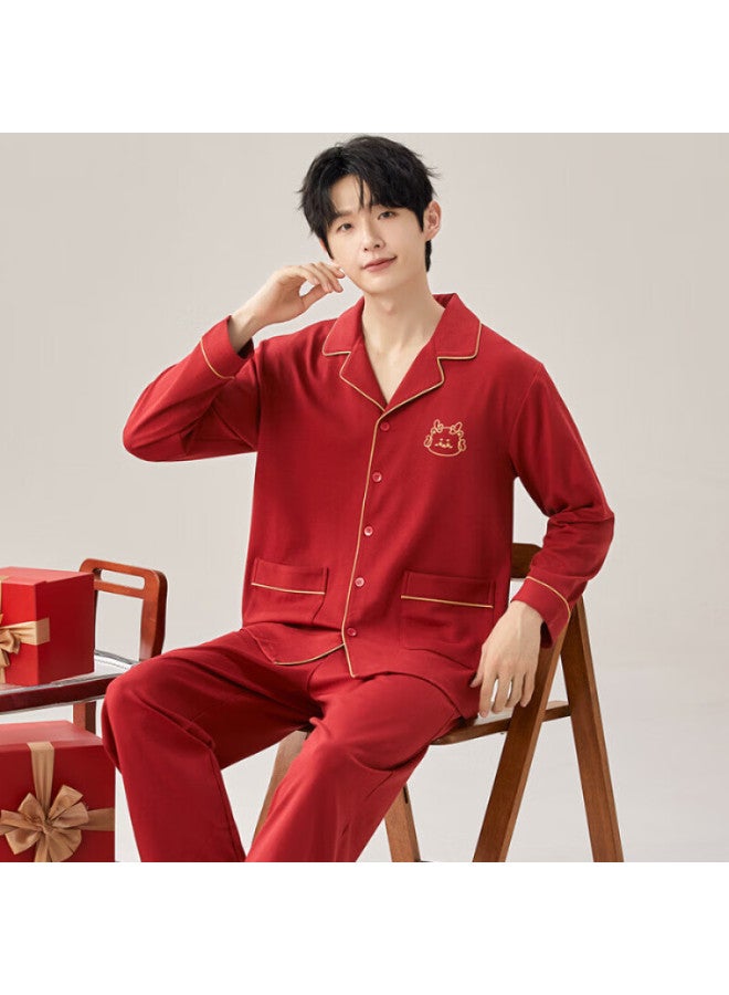 Kj New Men's Pajamas Long Sleeve Long Pants Casual Cardigan High-end Homewear Men's Red Gift Box For Birth Year Gift To Boyfriend - Image 1