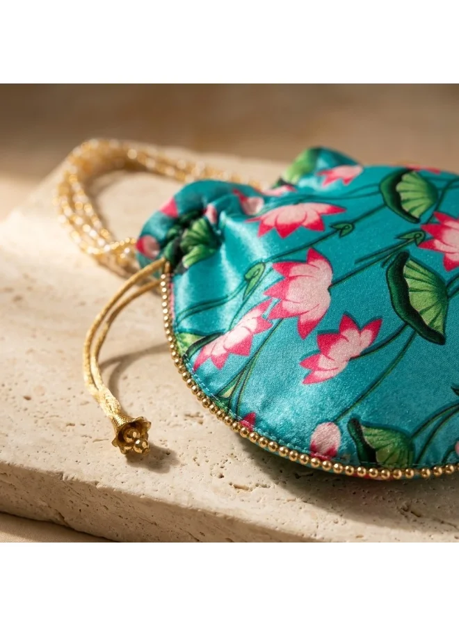 Mobcos Mobcos Sky Blue Flower Floral Print Potli Bag Mobcos Sky Blue Flower Handcrafted Indian Floral Print Potli Bag for Women | Print Silk Blend Ethnic Drawstring Handbag with Pearl Handle | Traditional Wedding, Bridal, Festive & Party Purse  | Best Price UAE