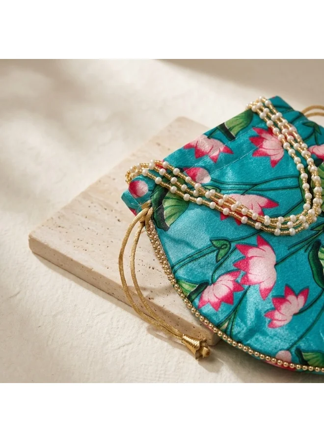 Mobcos Mobcos Sky Blue Flower Floral Print Potli Bag Mobcos Sky Blue Flower Handcrafted Indian Floral Print Potli Bag for Women | Print Silk Blend Ethnic Drawstring Handbag with Pearl Handle | Traditional Wedding, Bridal, Festive & Party Purse  | Best Price UAE