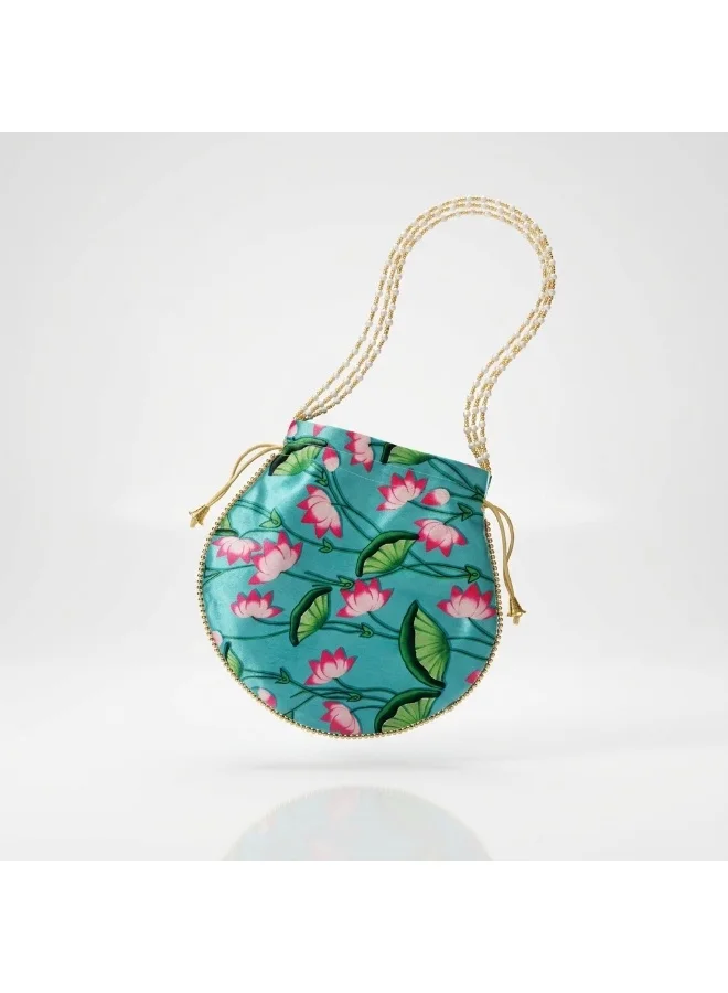 Mobcos Mobcos Sky Blue Flower Floral Print Potli Bag Mobcos Sky Blue Flower Handcrafted Indian Floral Print Potli Bag for Women | Print Silk Blend Ethnic Drawstring Handbag with Pearl Handle | Traditional Wedding, Bridal, Festive & Party Purse  | Best Price UAE