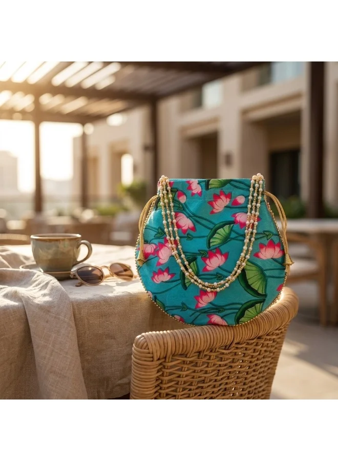 Mobcos Mobcos Sky Blue Flower Floral Print Potli Bag Mobcos Sky Blue Flower Handcrafted Indian Floral Print Potli Bag for Women | Print Silk Blend Ethnic Drawstring Handbag with Pearl Handle | Traditional Wedding, Bridal, Festive & Party Purse  | Best Price UAE