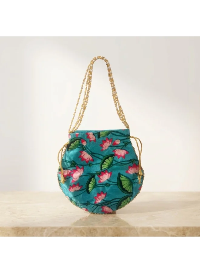 Mobcos Mobcos Sky Blue Flower Handcrafted Indian Floral Print Potli Bag for Women | Print Silk Blend Ethnic Drawstring Handbag with Pearl Handle | Traditional Wedding, Bridal, Festive & Party Purse