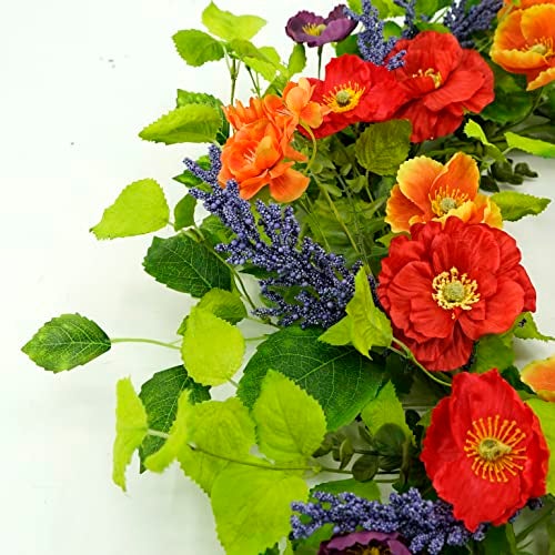 WreathDream 22 inch Artificial Spring Summer Wreaths for Front Door Poppy Wreath with Lavender Ear,Cherry Blossom,for Front Door Indoor Outdoor Home Farmhouse Decor - Image 5