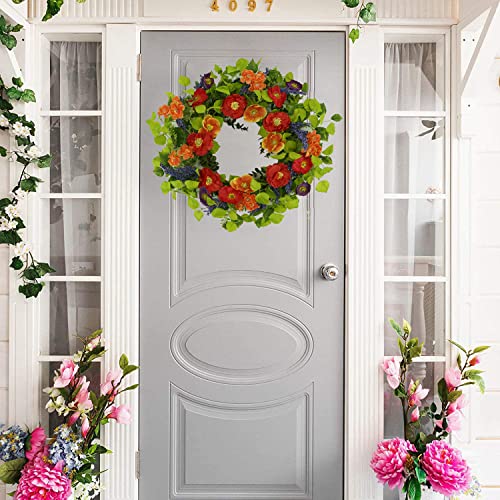WreathDream 22 inch Artificial Spring Summer Wreaths for Front Door Poppy Wreath with Lavender Ear,Cherry Blossom,for Front Door Indoor Outdoor Home Farmhouse Decor - Image 2