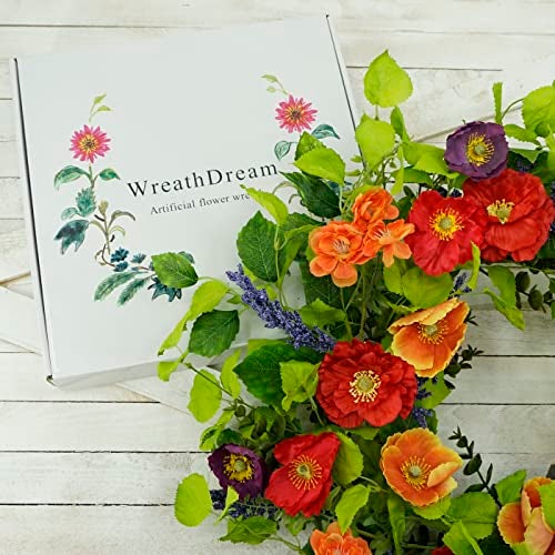 WreathDream 22 inch Artificial Spring Summer Wreaths for Front Door Poppy Wreath with Lavender Ear,Cherry Blossom,for Front Door Indoor Outdoor Home Farmhouse Decor - Image 3