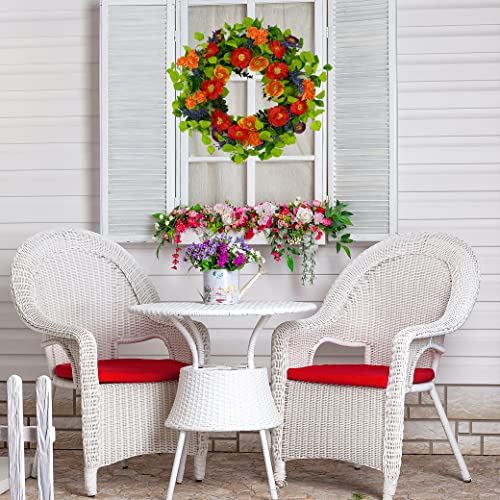 WreathDream 22 inch Artificial Spring Summer Wreaths for Front Door Poppy Wreath with Lavender Ear,Cherry Blossom,for Front Door Indoor Outdoor Home Farmhouse Decor - Image 4