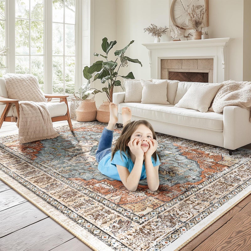 BESTSWEETIE 8x10 Area Rug Washable Rugs for Living Room, No Pile Boho Carpet for Entryway Bedroom Dinning Room, Vintage Carpet Print Distressed Non-Slip, 8 x 10 ft, Green Brick Rust Red - Image 3
