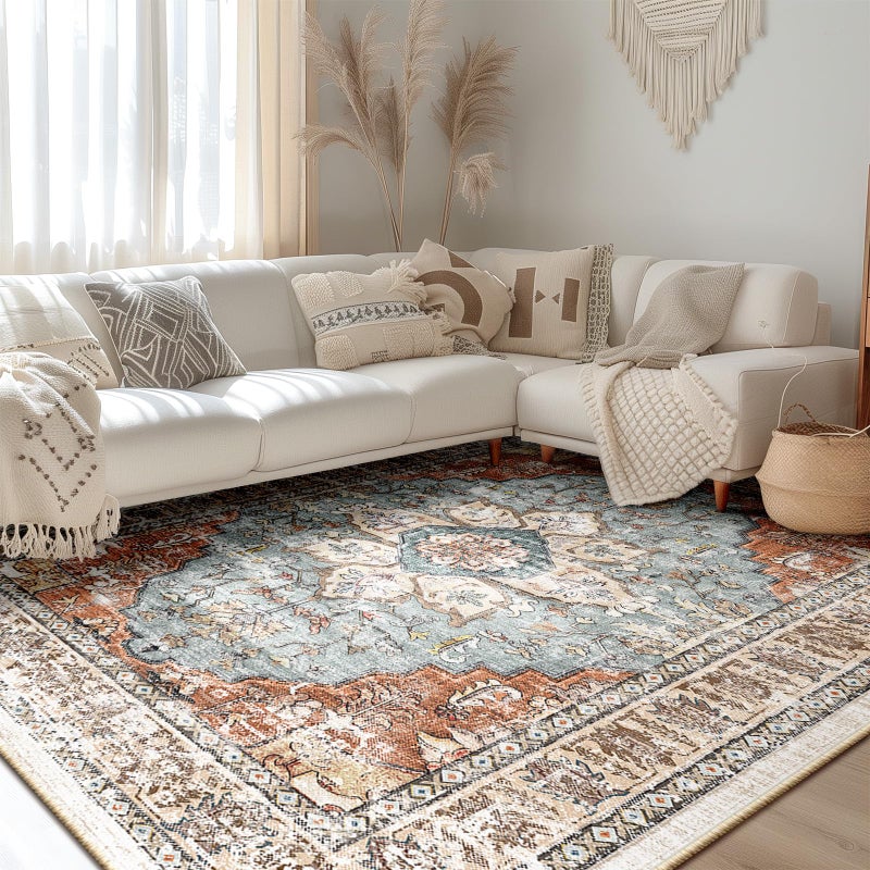 BESTSWEETIE 8x10 Area Rug Washable Rugs for Living Room, No Pile Boho Carpet for Entryway Bedroom Dinning Room, Vintage Carpet Print Distressed Non-Slip, 8 x 10 ft, Green Brick Rust Red - Image 2