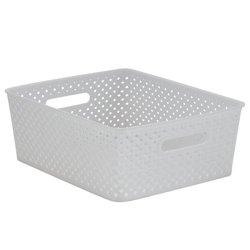 Simplify Medium Resin Wicker Tote | Storage Bin | Plastic Organizer | Carrying Handles | Bathroom | Pantry | Accessories | Cleaning Products | White - Image 1