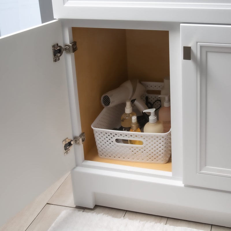 Simplify Medium Resin Wicker Tote | Storage Bin | Plastic Organizer | Carrying Handles | Bathroom | Pantry | Accessories | Cleaning Products | White - Image 2