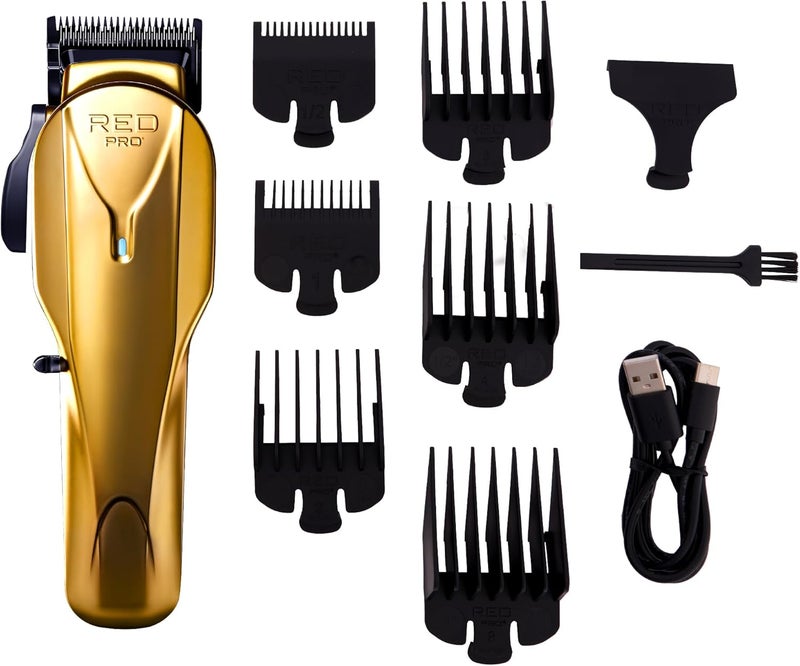 RED Pro Professional Cordless Hair Clipper for Men Electric Rechargeable Hair Clipper Set for Barbers and Stylists with Up to 150 Minutes Battery Life 6 Clippers Guide Included Matte Gold