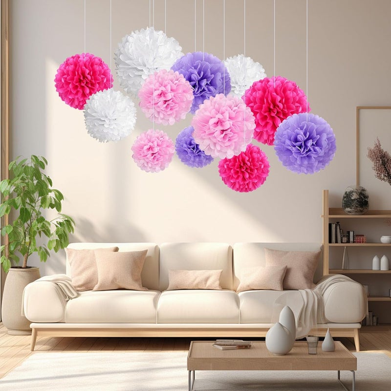 Zankubom 20 PCS Tissue Paper Pom Poms, Tissue Pom Poms Flowers, Sizes of 6", 10", 12", 14" Hanging Paper Flower Ball for Wedding, Birthday, Halloween, Christmas, Baby Shower Party Decor (Pink Purple White) - Image 3