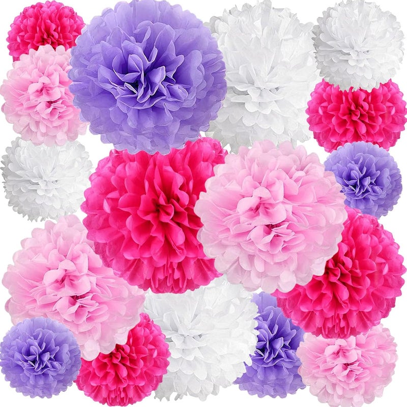 Zankubom 20 PCS Tissue Paper Pom Poms, Tissue Pom Poms Flowers, Sizes of 6", 10", 12", 14" Hanging Paper Flower Ball for Wedding, Birthday, Halloween, Christmas, Baby Shower Party Decor (Pink Purple White) - Image 1