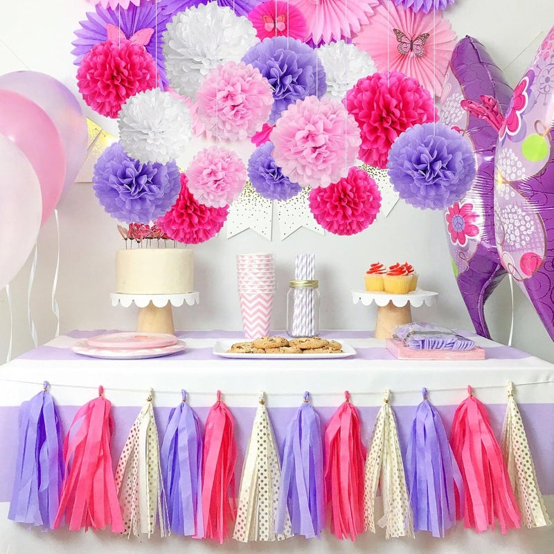Zankubom 20 PCS Tissue Paper Pom Poms, Tissue Pom Poms Flowers, Sizes of 6", 10", 12", 14" Hanging Paper Flower Ball for Wedding, Birthday, Halloween, Christmas, Baby Shower Party Decor (Pink Purple White) - Image 4