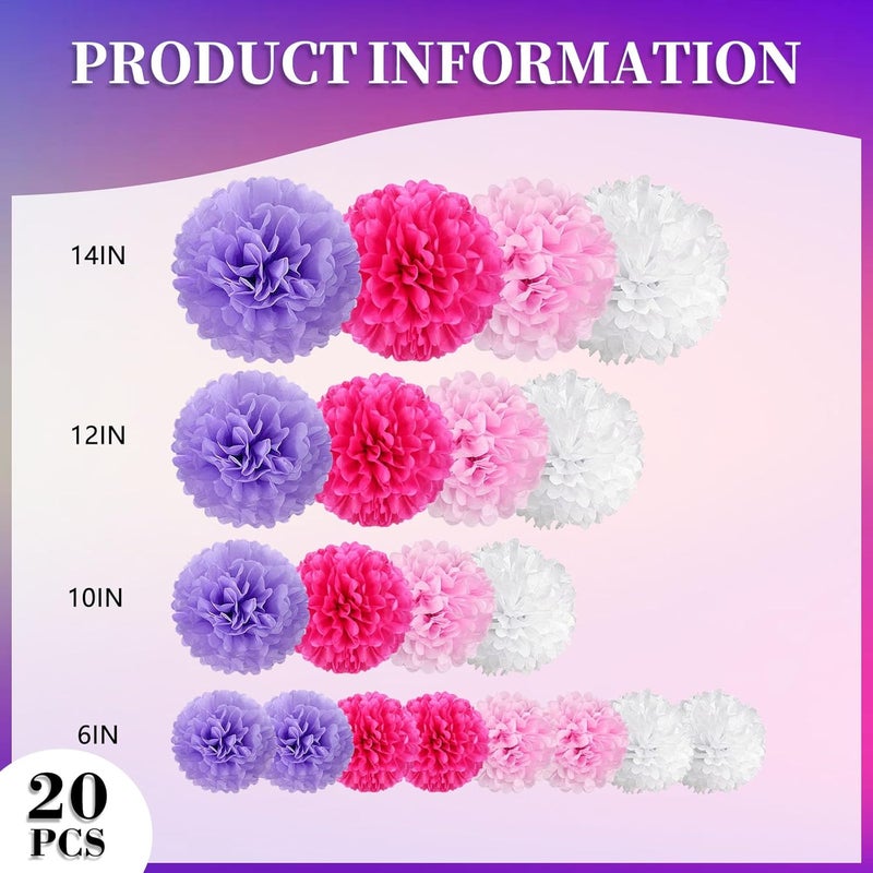 Zankubom 20 PCS Tissue Paper Pom Poms, Tissue Pom Poms Flowers, Sizes of 6", 10", 12", 14" Hanging Paper Flower Ball for Wedding, Birthday, Halloween, Christmas, Baby Shower Party Decor (Pink Purple White) - Image 2