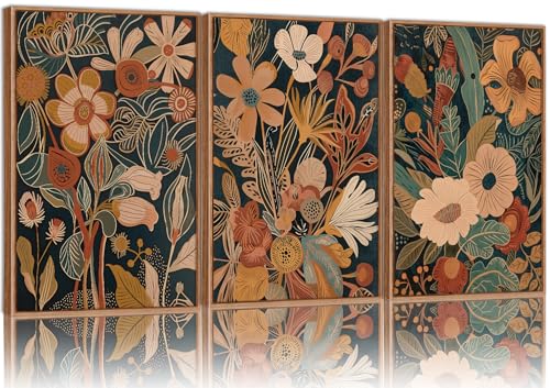 Tinonedraw Vintage Burnt Orange Floral Framed Canvas Wall Art Set of 3 Boho Chic Flower Artwork Mid Century Modern Plant Wall Decor Colorful Neutral Botanical Art Prints for Bedroom Living Room Office 16x24 - Image 1