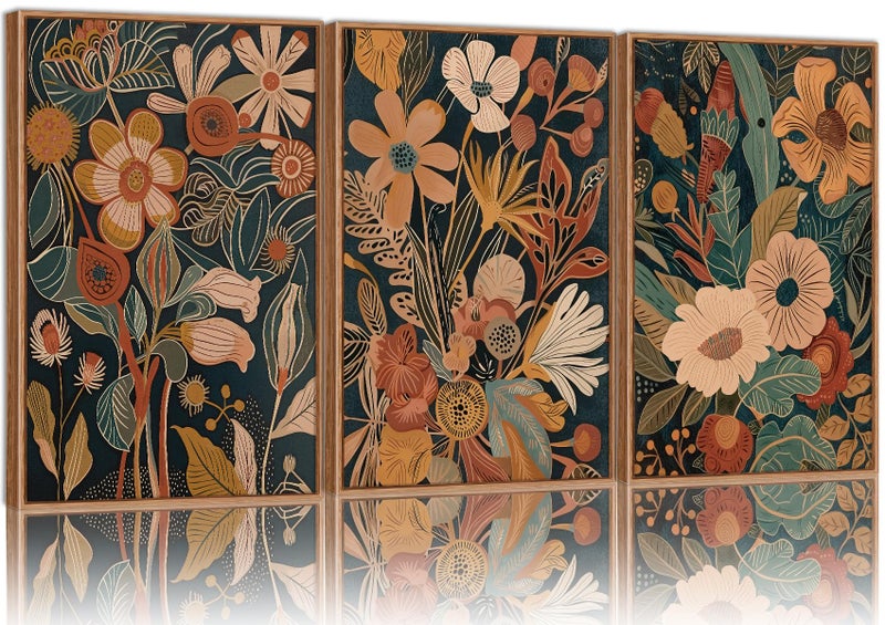 Tinonedraw Vintage Burnt Orange Floral Framed Canvas Wall Art Set of 3 Boho Chic Flower Artwork Mid Century Modern Plant Wall Decor Colorful Neutral Botanical Art Prints for Bedroom Living Room Office 16x24 - Image 2