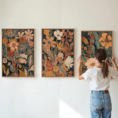 Tinonedraw Vintage Burnt Orange Floral Framed Canvas Wall Art Set of 3 Boho Chic Flower Artwork Mid Century Modern Plant Wall Decor Colorful Neutral Botanical Art Prints for Bedroom Living Room Office 16x24 - Image 3
