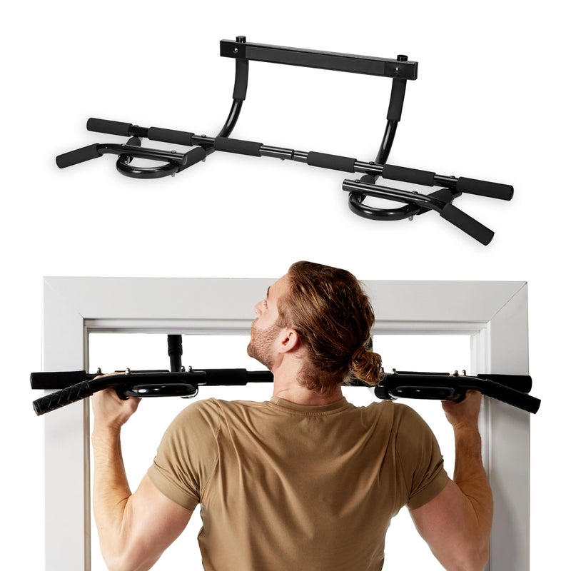 SPRI Pull Up Bar 12Grip Door Mounting PullUp Bar for Versatile Workouts Rugged Steel with Foam Handles Supports 300 Pounds Fits Door Frames Up to 32 in Wide Black