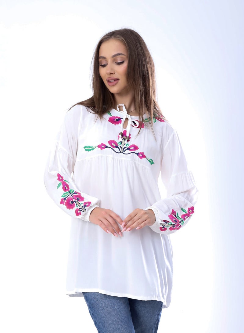 BEBO Women's long sleeve blouse with embroidery_of white  - Image 1