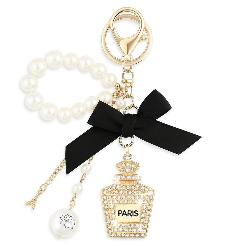 MyfavoriteK Perfume Keychain for Women Elegant Chic Key Chain Charm for Purse Cute Keychain Pearls Wristlet (Black) - Image 1