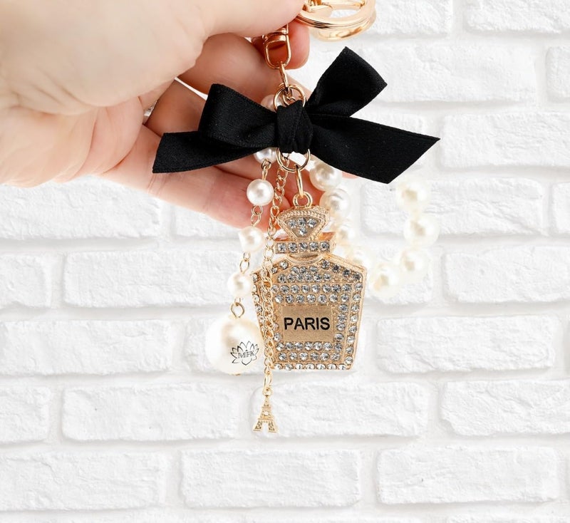 MyfavoriteK Perfume Keychain for Women Elegant Chic Key Chain Charm for Purse Cute Keychain Pearls Wristlet (Black) - Image 4