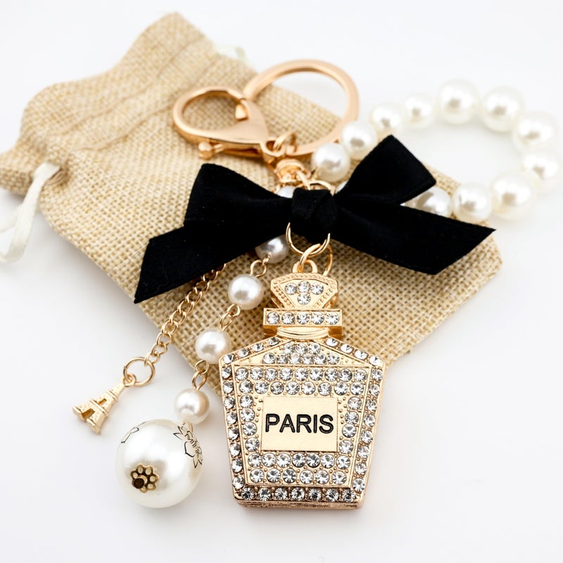 MyfavoriteK Perfume Keychain for Women Elegant Chic Key Chain Charm for Purse Cute Keychain Pearls Wristlet (Black) - Image 5