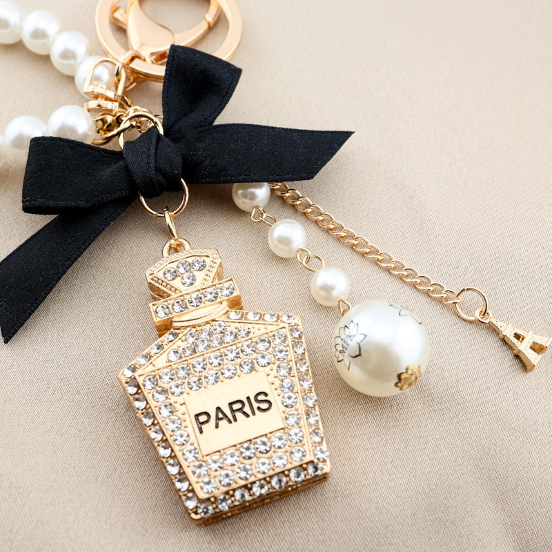 MyfavoriteK Perfume Keychain for Women Elegant Chic Key Chain Charm for Purse Cute Keychain Pearls Wristlet (Black) - Image 2