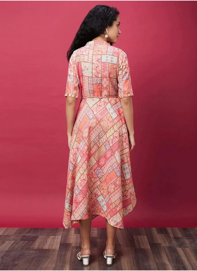 جلو باص All Over Print A-Line Midi Dress with Tie-Up Detail by Styli