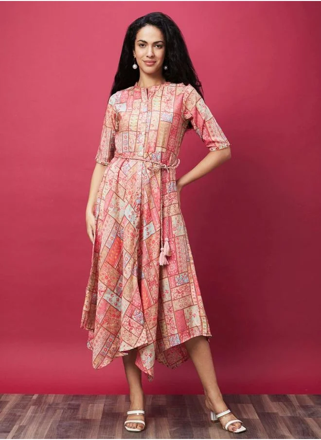 جلو باص All Over Print A-Line Midi Dress with Tie-Up Detail by Styli