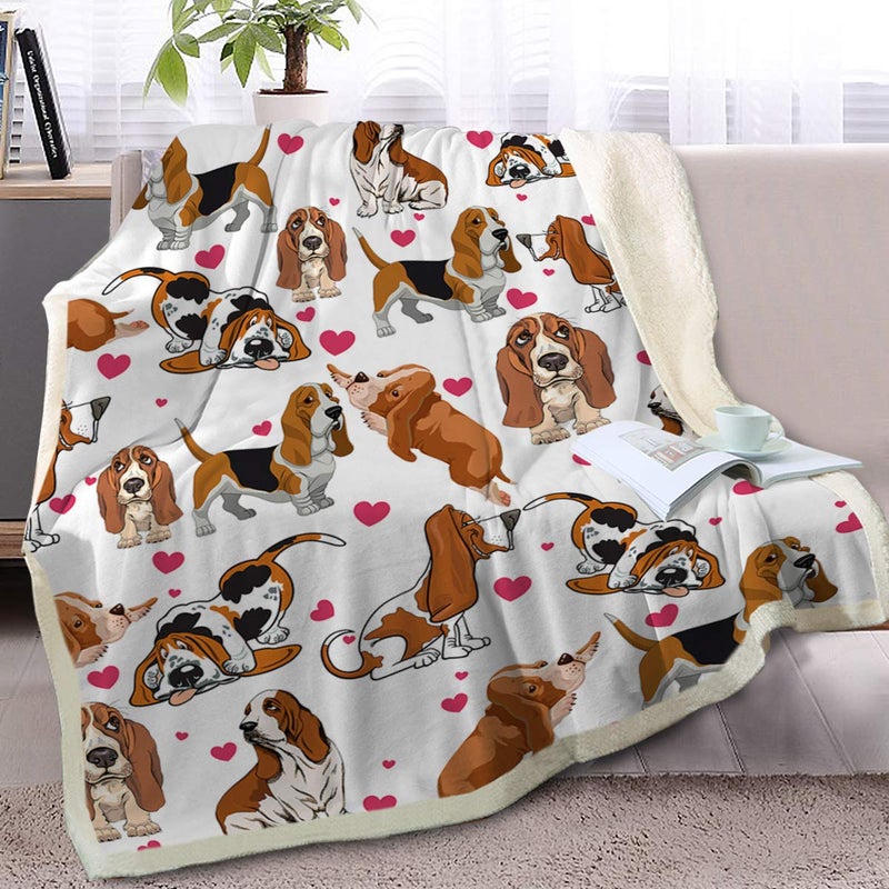 BlessLiving Basset Hound Fleece Blanket Red Hearts Warm Thick Cute Puppy Sherpa Throw for Kids Adults 3D Animal Print Plush Gift for Pet Lovers 50 x 60 Inch
