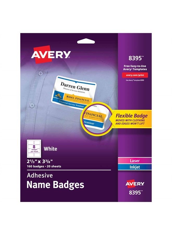Avery Flexible Name Tag Stickers, White Rectangle Labels, 160 Removable Name Badges, 2-1/3" x 3-3/8" (8395) - Image 1