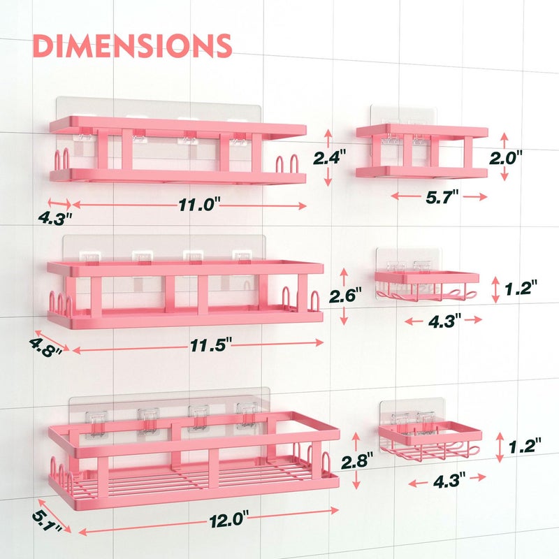Youvip 6 Pack Shower Caddy, Adhesive Shower Shelves with Soap Holder, No Drilling Rustproof Large Capacity pink bathroom decor accessories, Pink - Image 2