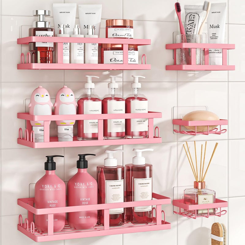 Youvip 6 Pack Shower Caddy, Adhesive Shower Shelves with Soap Holder, No Drilling Rustproof Large Capacity pink bathroom decor accessories, Pink - Image 1