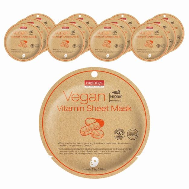 Purederm Vegan Vitamin Sheet Masks 12 Packs  Facial Sheet Mask for Brightening  radiance Treatment