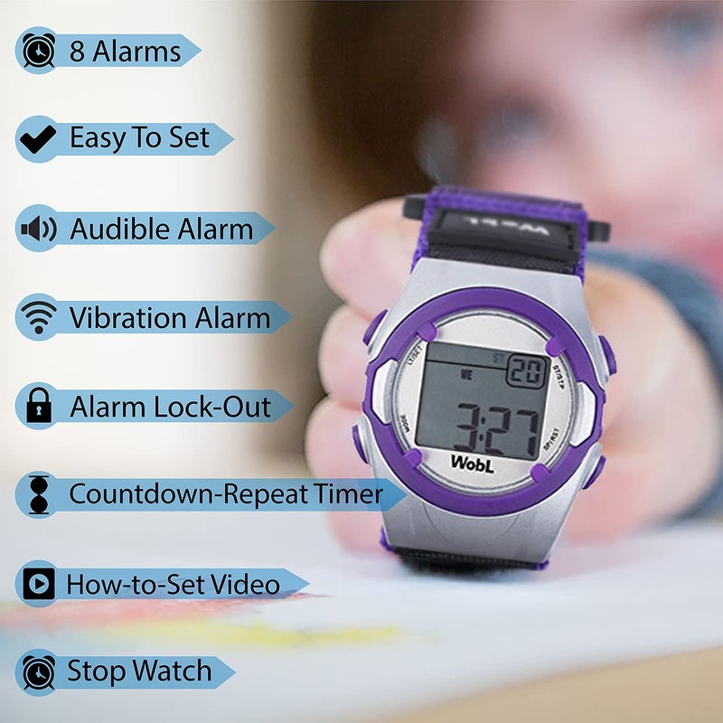 WobL WobL Vibrating 8-Alarm & Repeating Countdown Timer Watch for Medication/Sports/Meetings/Potty Reminders, Purple  - Image 2