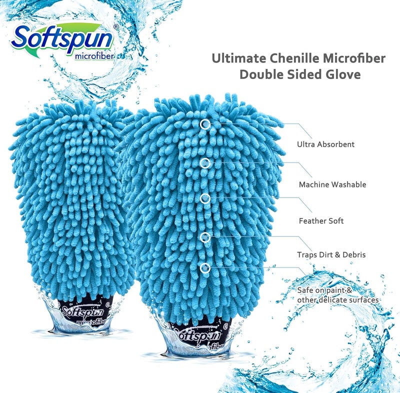 SOFTSPUN Trendy widespread design SOFTSPUN Microfiber Double Side Chenille Mitt, 2 Piece Set 1700 GSM Sky Blue. Multi-Purpose Super Absorbent and Perfect Wash Clean with Lint-Scratch Free Cars, Window, Kitchen, Home Dusting! Economical upgraded quality - Image 4