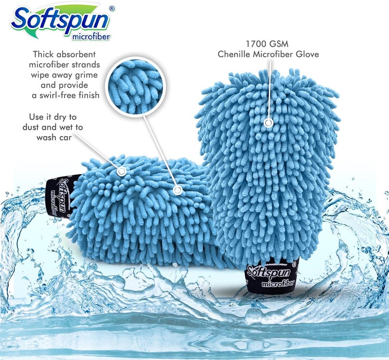 SOFTSPUN Trendy widespread design SOFTSPUN Microfiber Double Side Chenille Mitt, 2 Piece Set 1700 GSM Sky Blue. Multi-Purpose Super Absorbent and Perfect Wash Clean with Lint-Scratch Free Cars, Window, Kitchen, Home Dusting! Economical upgraded quality - Image 3